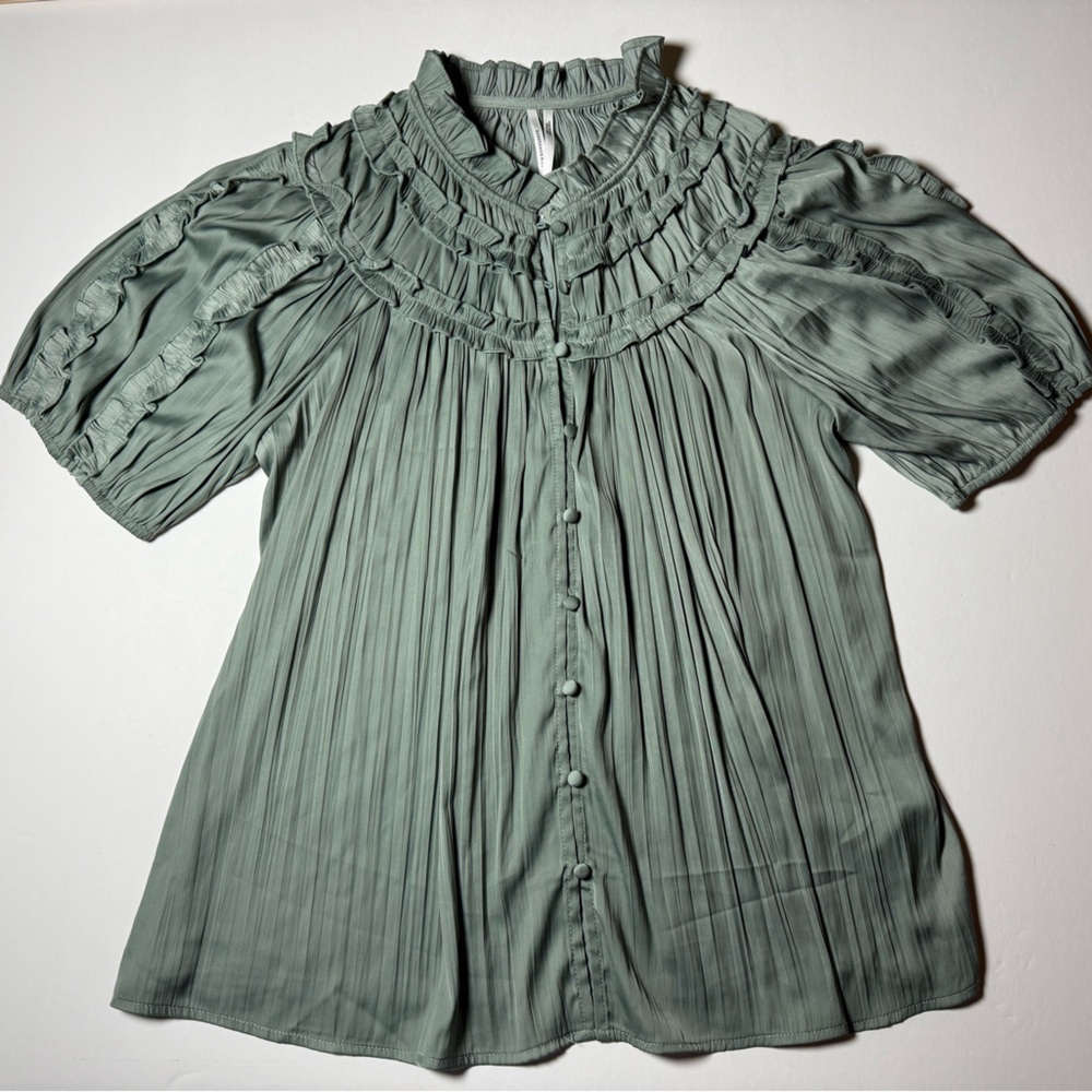 Anthropologie Sage Green Ruffled Button-Down Blouse